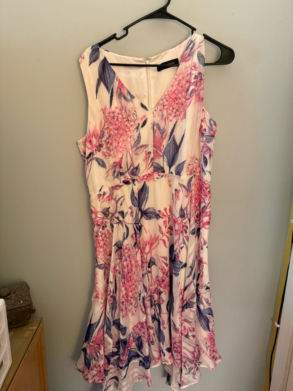 Ivanka Trump White Floral Midi Dress with Pink and Blue Print